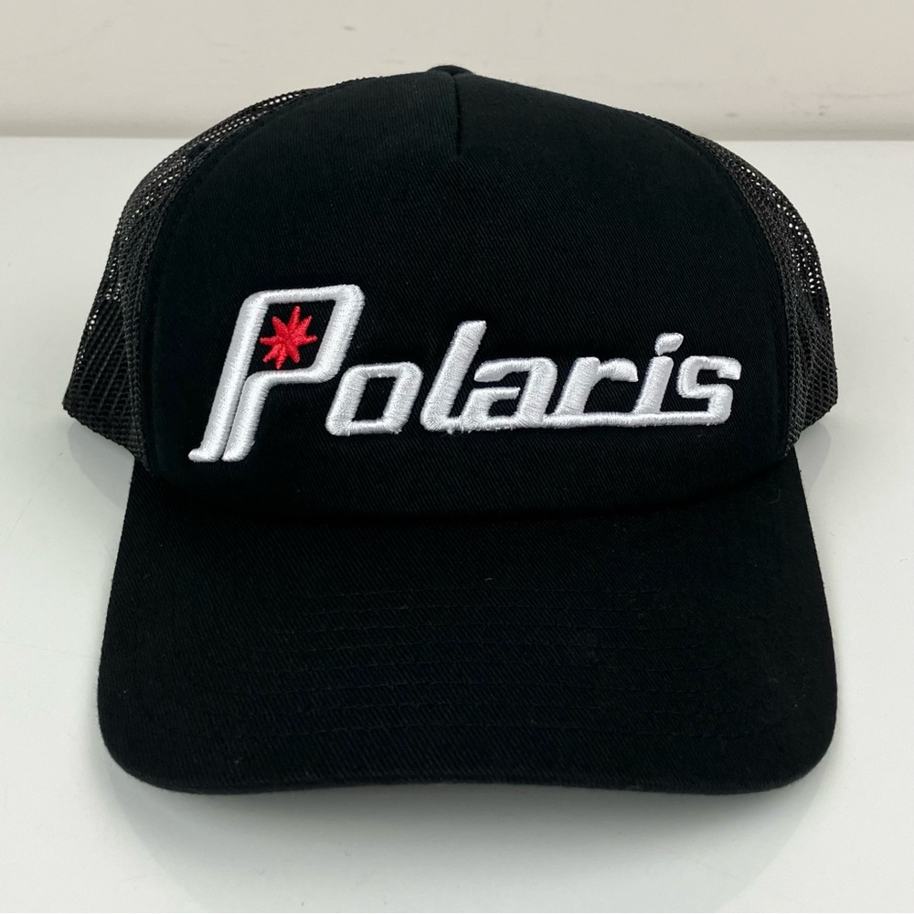 Polaris Black Mesh Snapback Trucker Hat Retro Embroidered Logo Yupoong